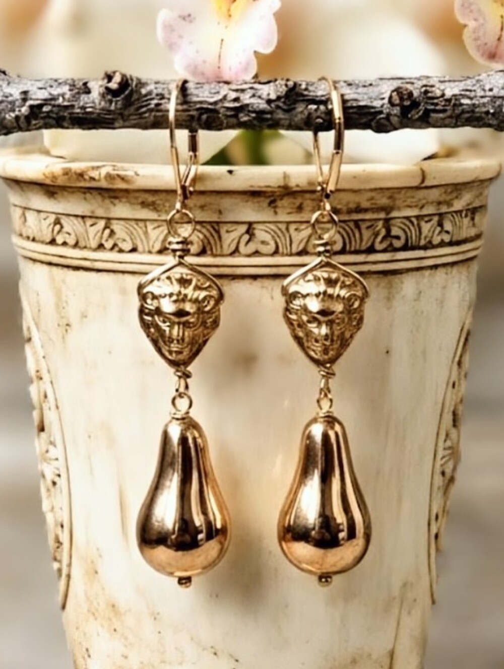 Statement Lion Head W/ Long Drop Artisan Handmade Earrings In Bright Gold